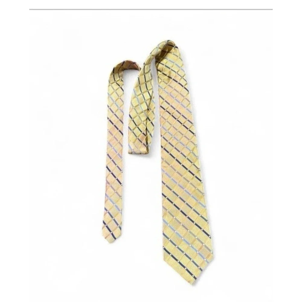 Michael Kors Mens‎ Tie Necktie One Size Yellow & Blue 100% Silk Plaid RN121148